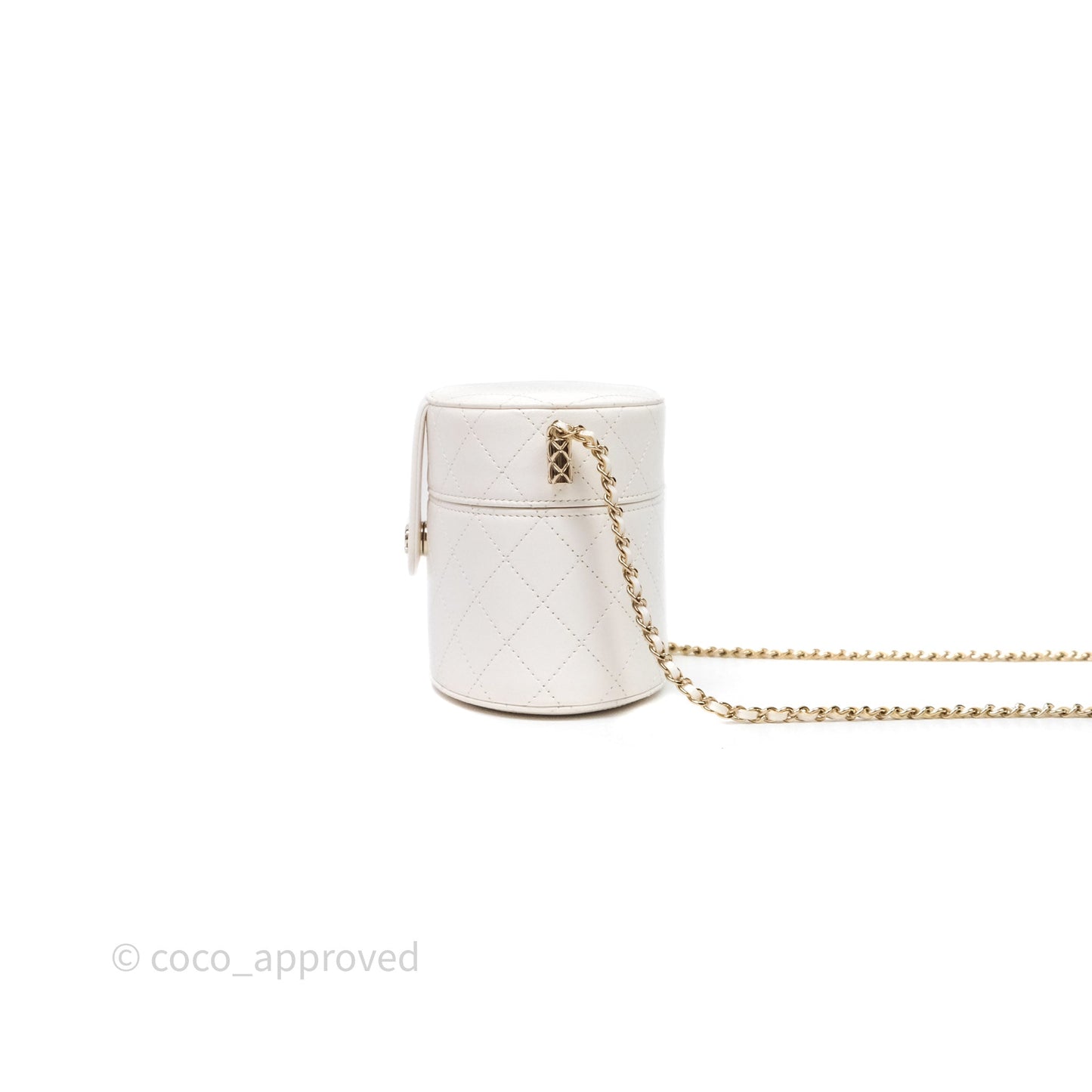 Chanel Quilted Round Vanity Clutch With Chain White Lambskin Gold Hardware