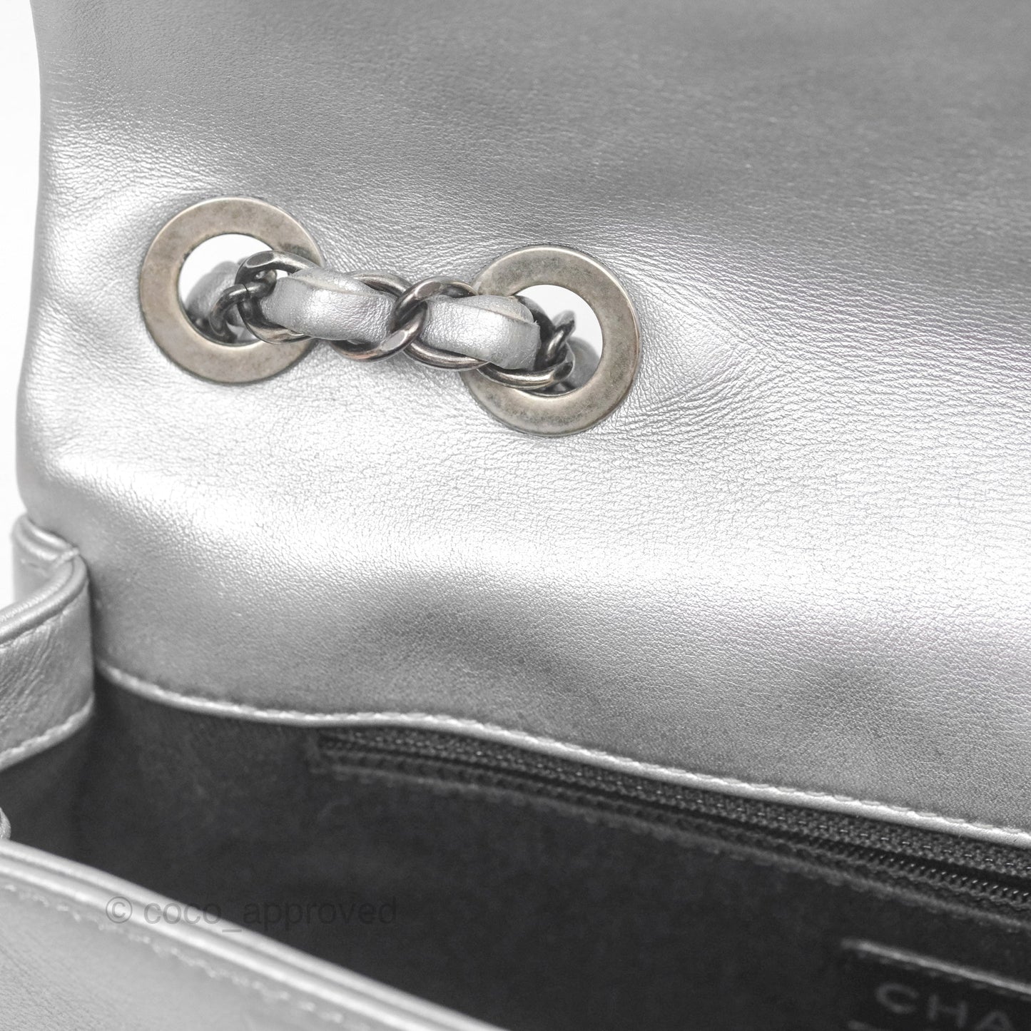 Chanel Medium Single Flap Embossed Metallic Silver Lambskin Ruthenium Hardware