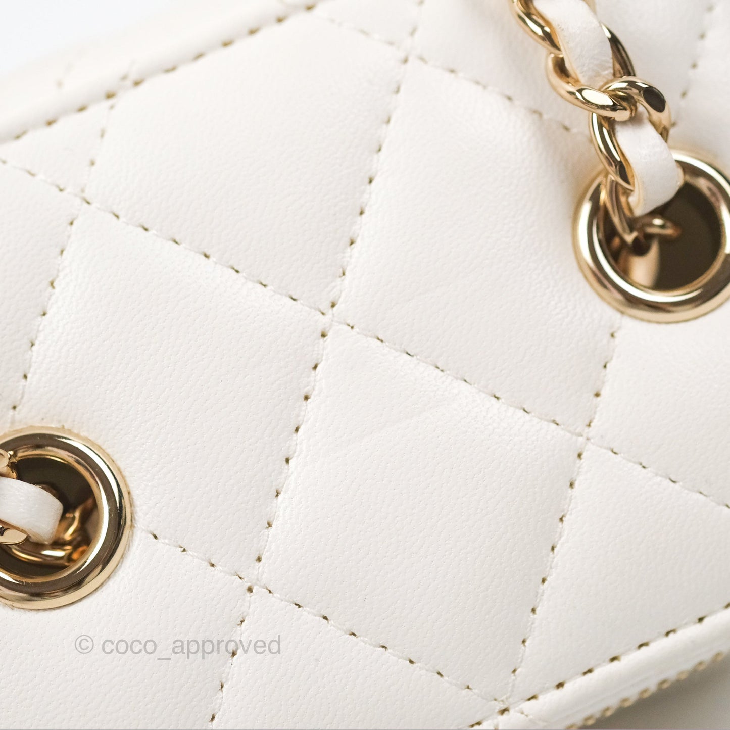 Chanel Camellia White Quilted Lambskin Mini Vanity with Chain Gold Hardware