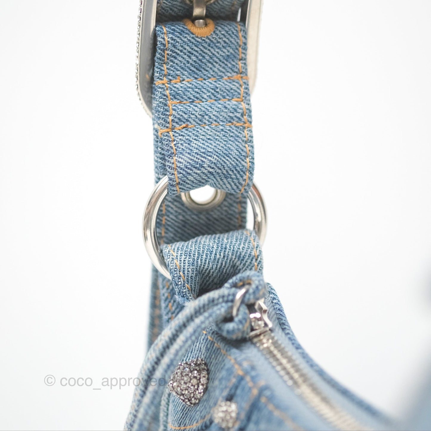 Balenciaga Small Le Cagole Shoulder Bag Blue Washed Denim with Rhinestones