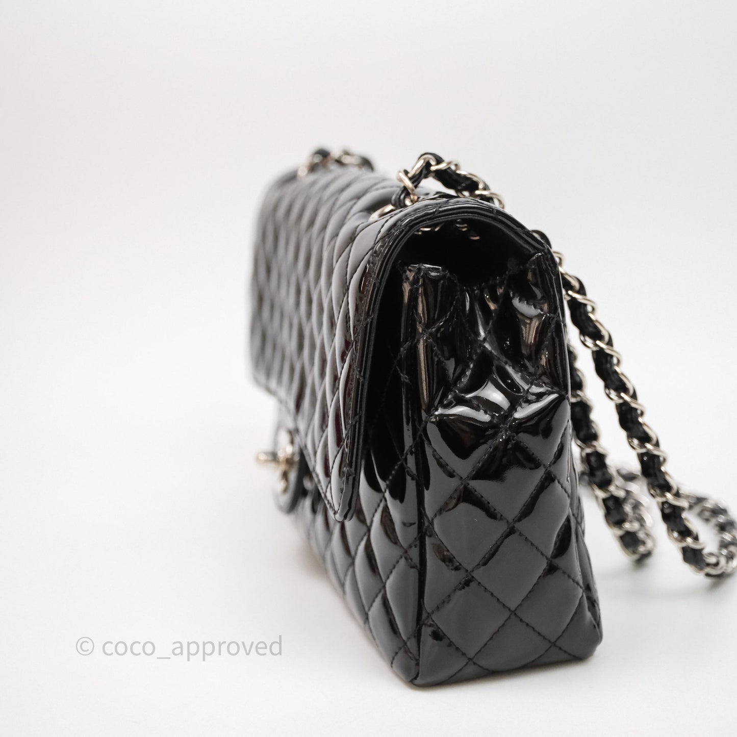 Chanel Quilted Medium Flap Black Patent Silver Hardware