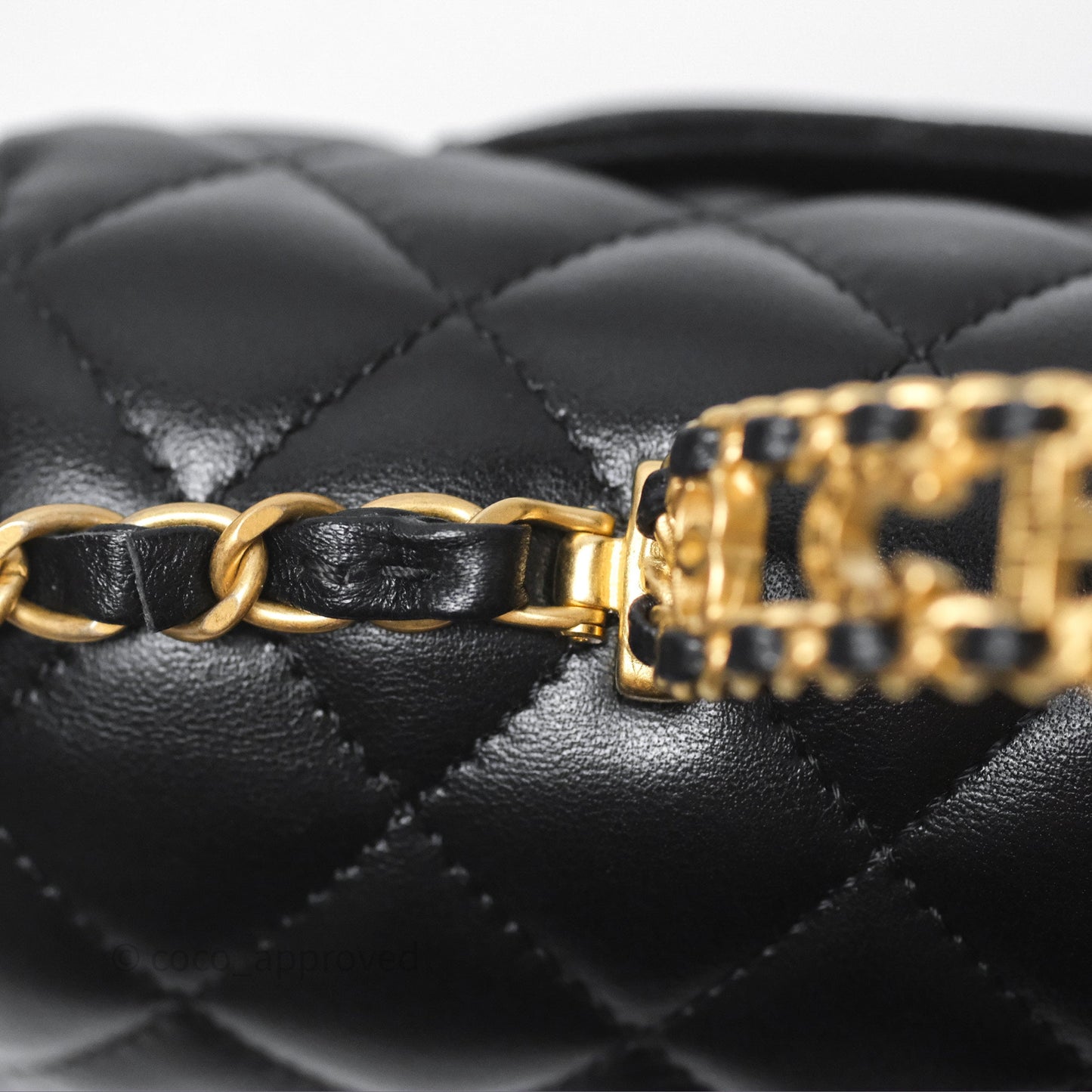 Chanel Flap Bag with Crystal Logo Top Handle Black Lambskin Aged Gold Hardware