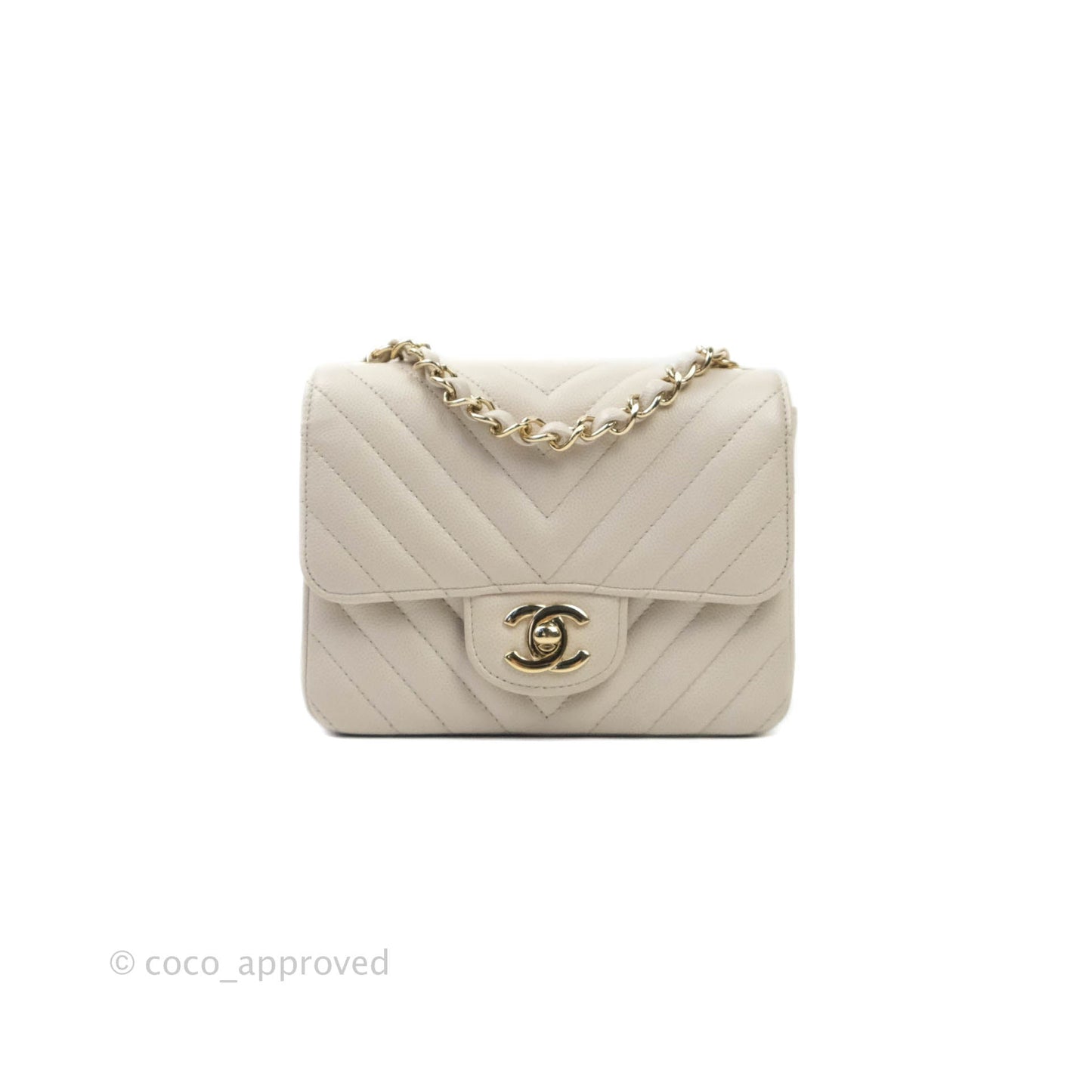 Chanel Mini Square Chevron Ivory Stone Caviar Gold Hardware 18B