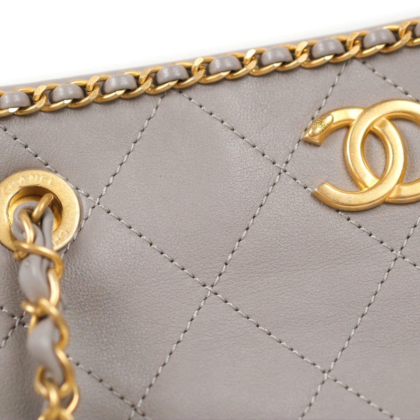 Chanel Small Chain Around Shopping Tote Grey Calfskin Aged Gold Hardware