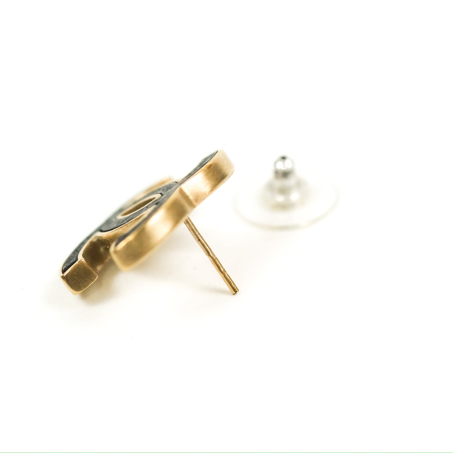 Chanel CC Black Leather Earrings Matte Gold Tone 12P