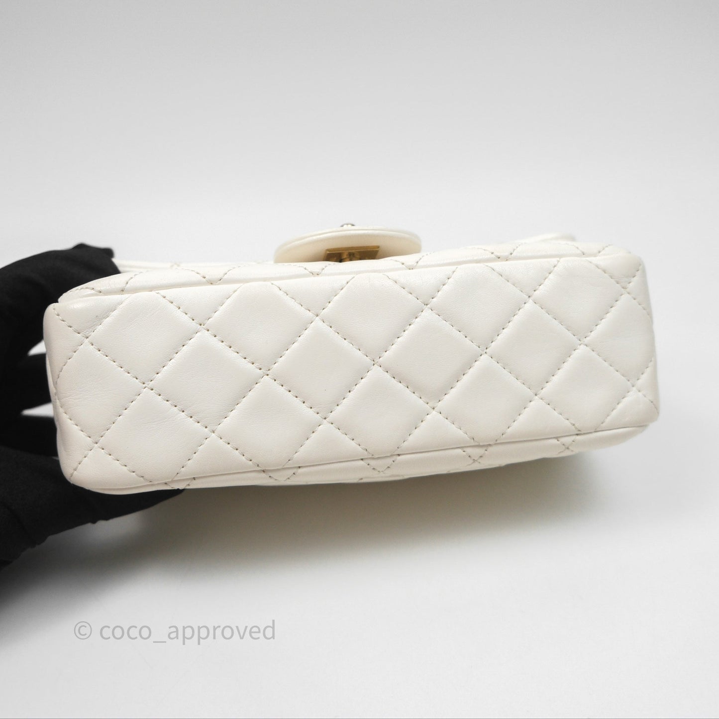 Chanel Mini Rectangular Pearl Crush Quilted White Lambskin Aged Gold Hardware
