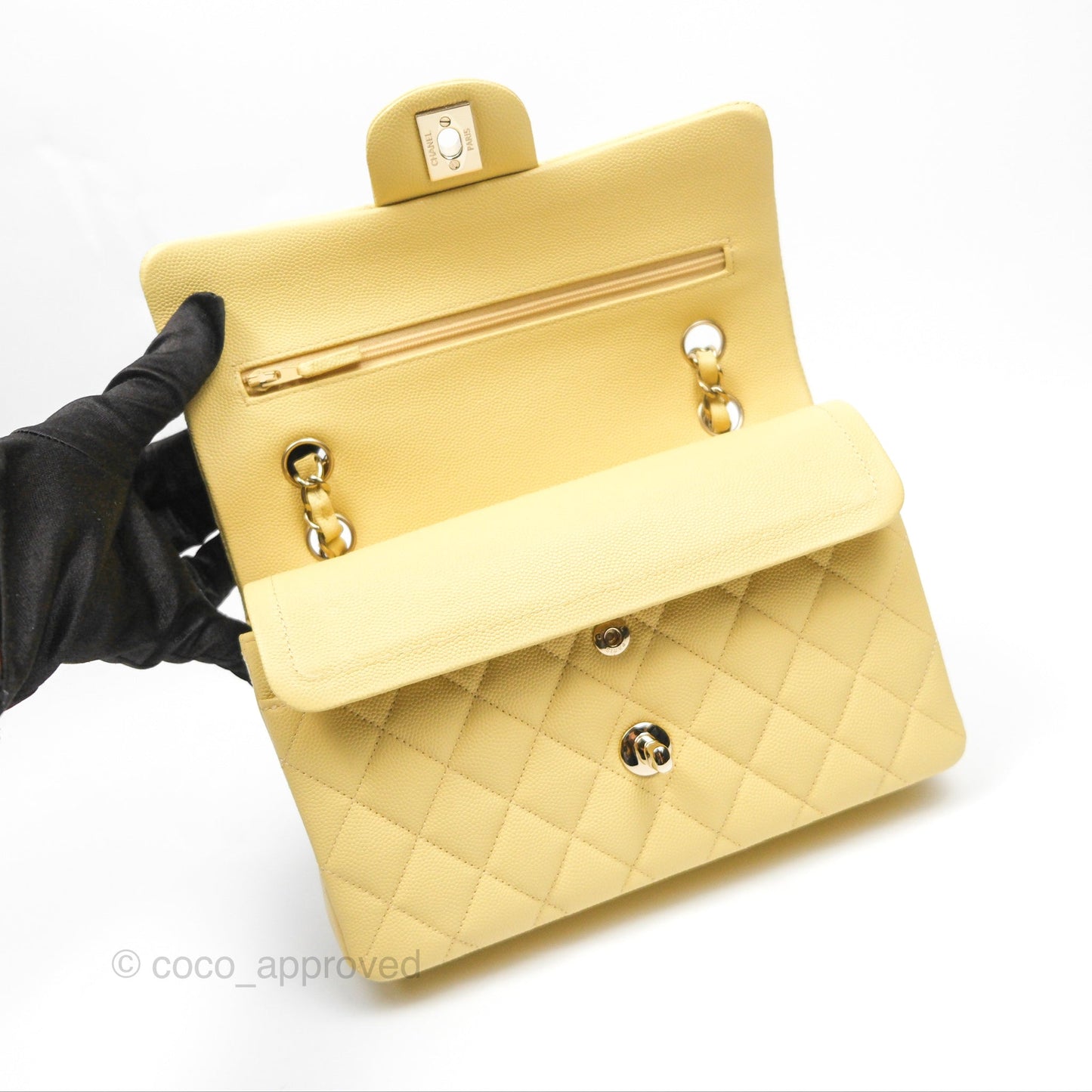 Chanel Small Classic Quilted Flap Yellow Caviar Gold Hardware
