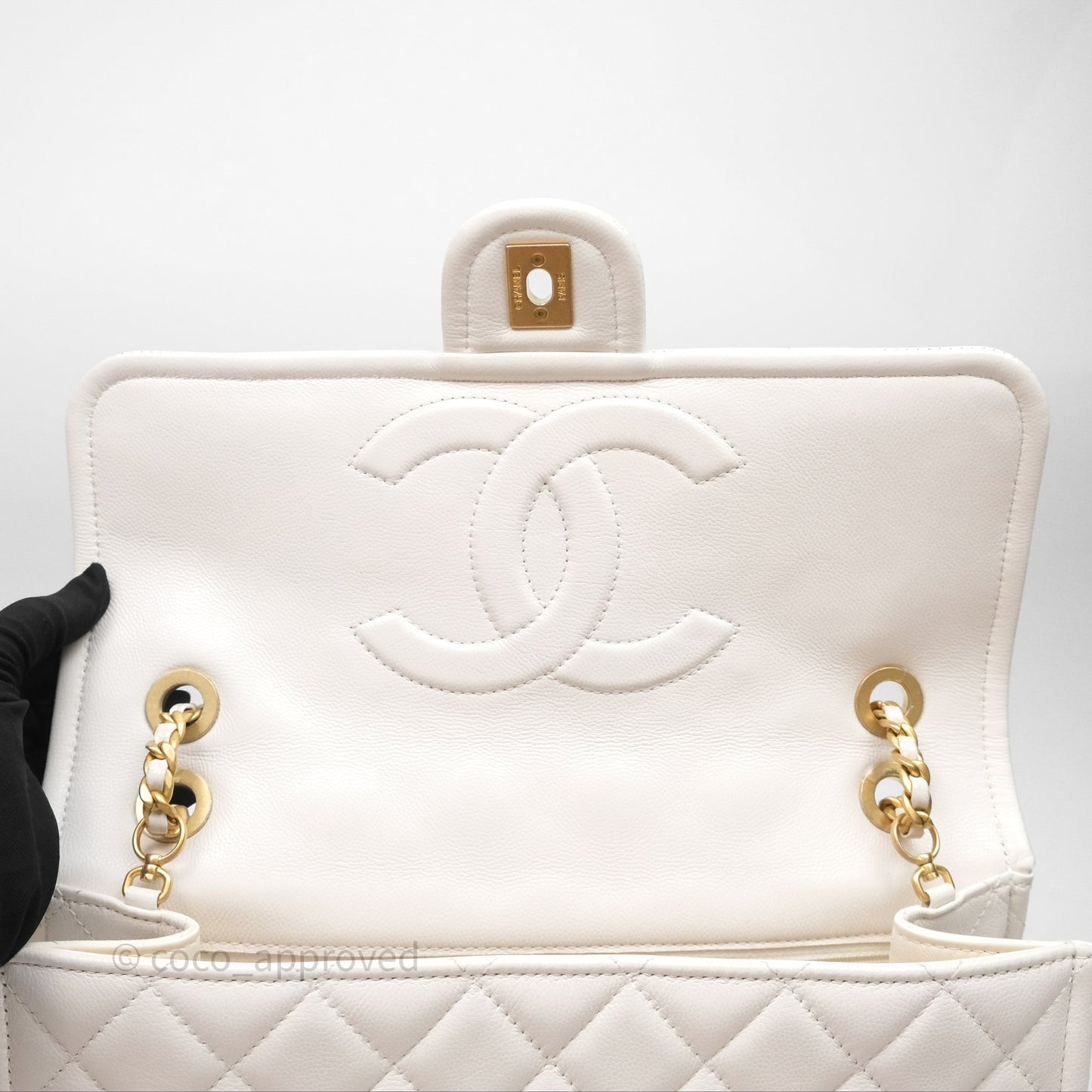 Chanel Large Quilted Sweet Classic Flap White Caviar Aged Gold Hardware