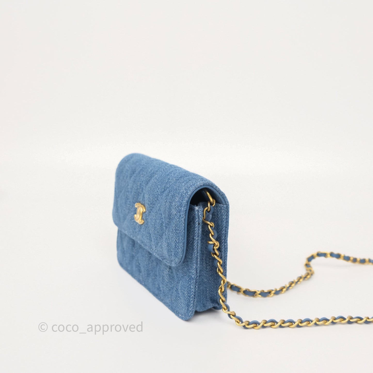 Chanel Mini Pearl Crush Clutch With Chain Belt Bag Denim Aged Gold Hardware