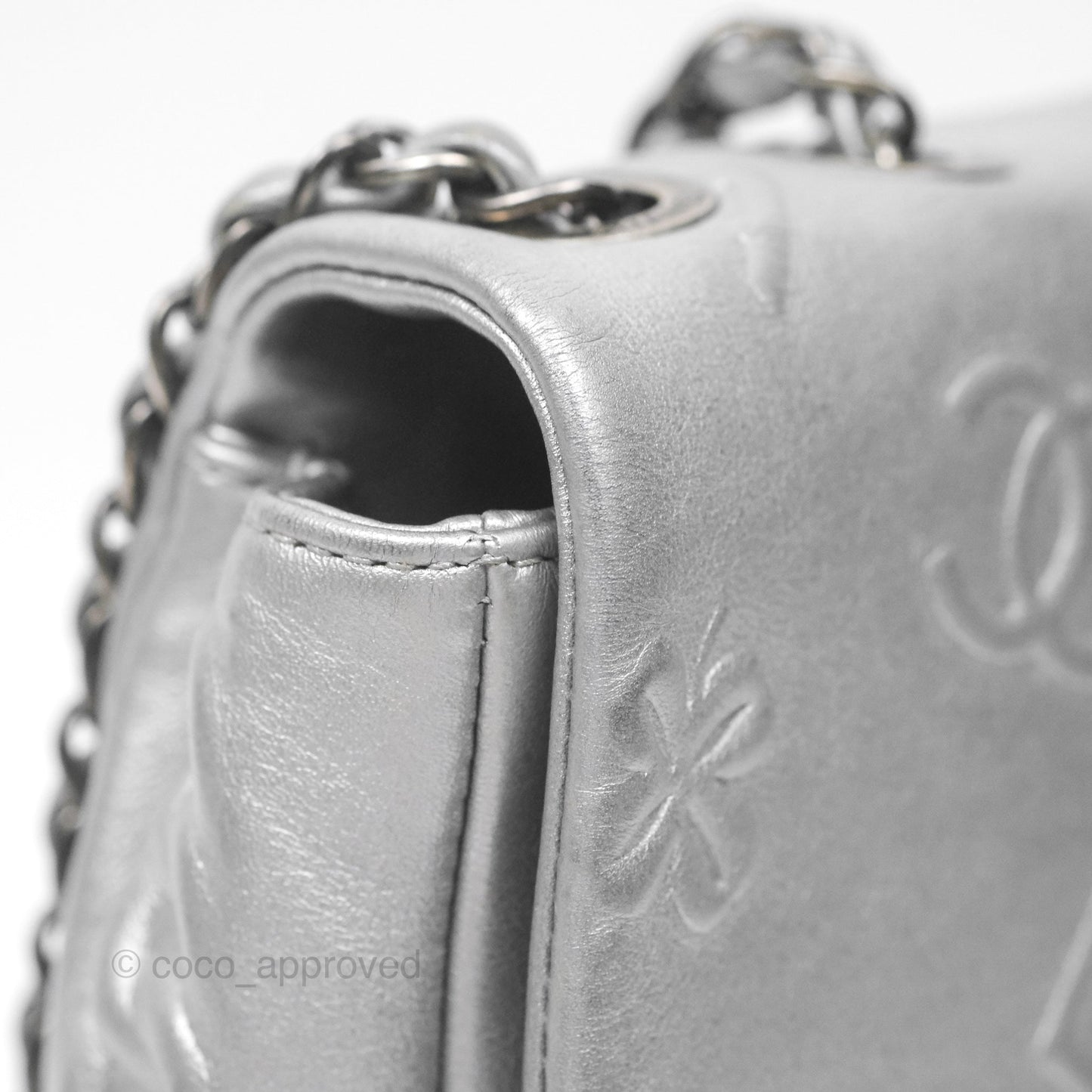 Chanel Medium Single Flap Embossed Metallic Silver Lambskin Ruthenium Hardware