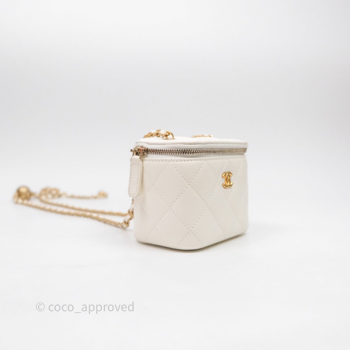 Chanel Quilted Pearl Crush Mini Vanity With Chain Ivory White Lambskin Aged Gold Hardware
