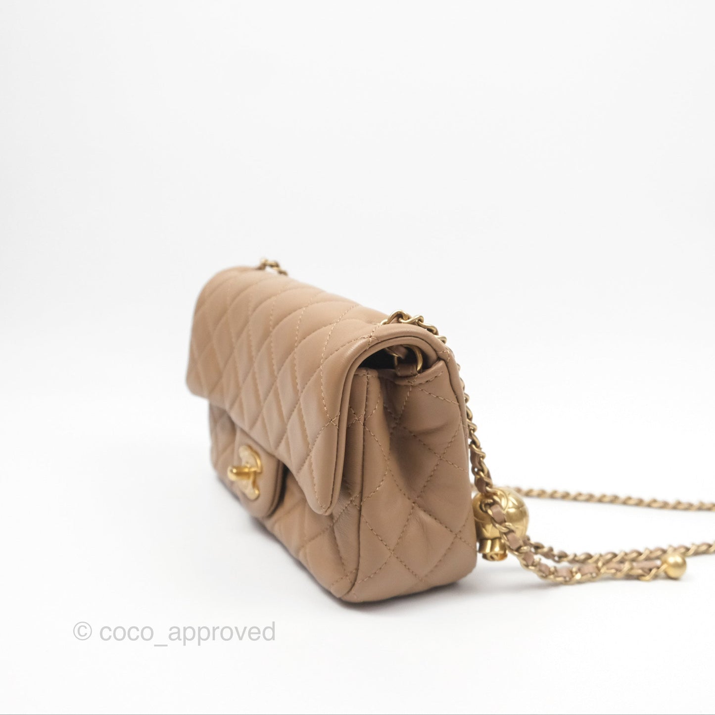 Chanel Mini Rectangular Pearl Crush Quilted Beige Lambskin Aged Gold Hardware