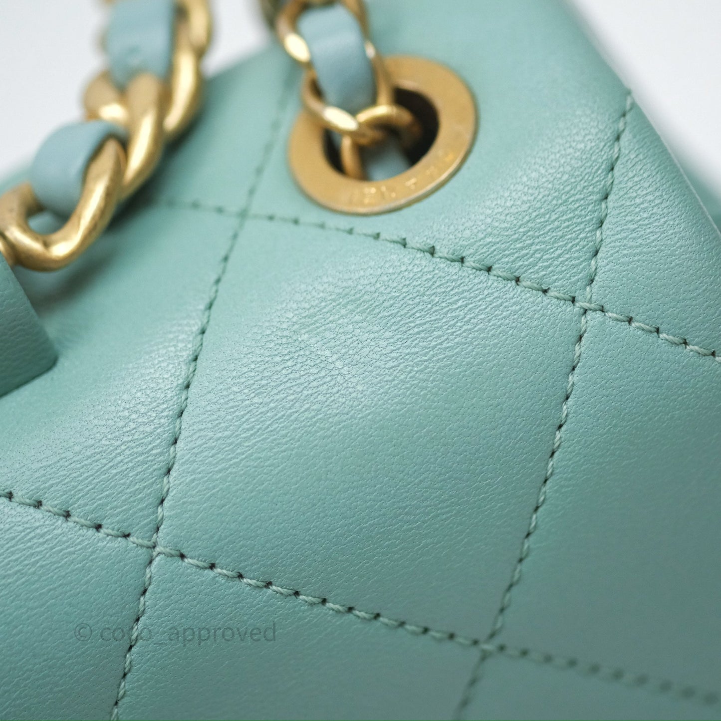 Chanel Quilted Small Circular Handle Bag Mint Green Aged Gold Hardware