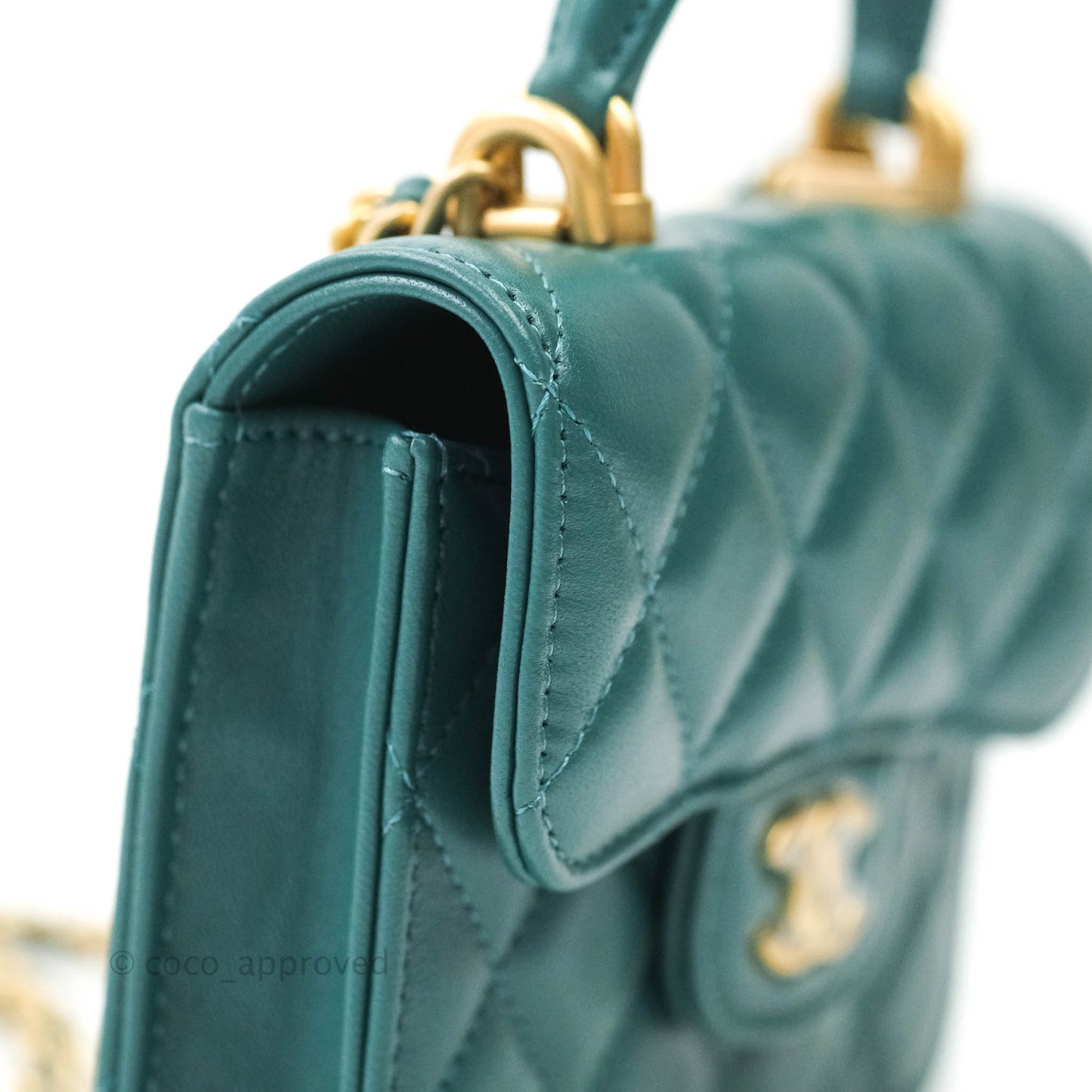 Chanel Flap Coin Purse With Chain Green Lambskin Aged Gold Hardware