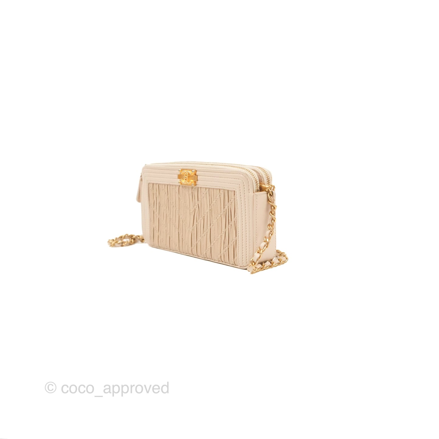 Chanel Boy Double Zip Clutch On Chain Chevron Pale Beige Aged Gold Hardware