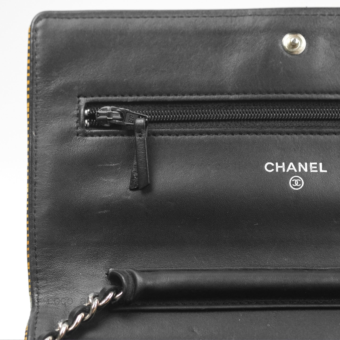 Chanel Wallet on Chain Yellow Black Striped Patent Silver Hardware