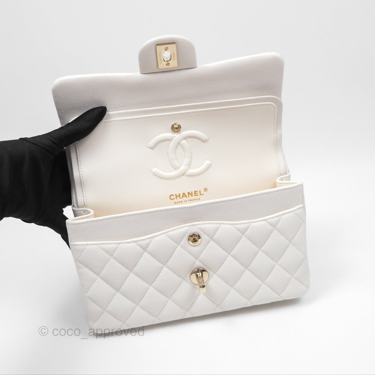 Chanel Small Classic Quilted Flap White Caviar Gold Hardware