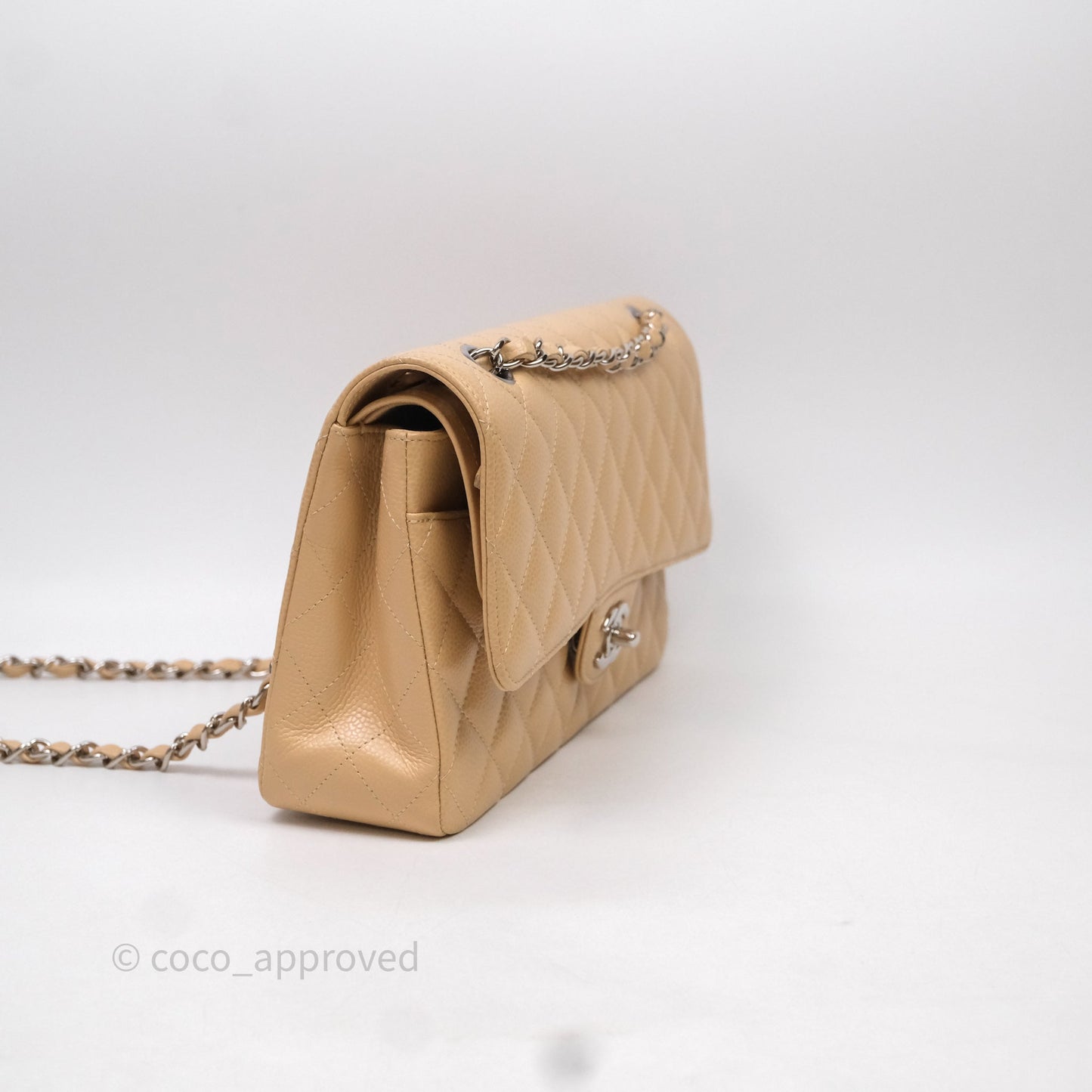 Chanel Classic M/L Medium Flap Quilted Beige Caviar Silver Hardware