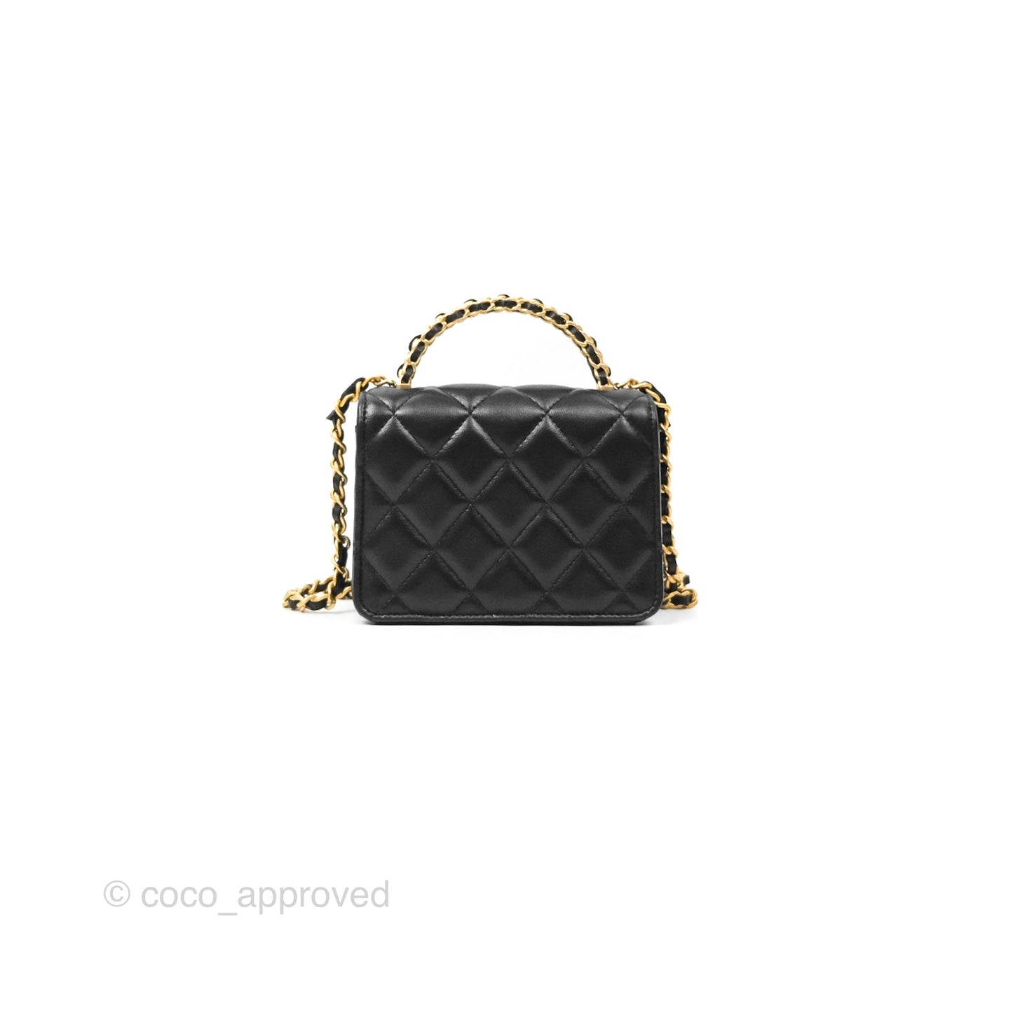 Chanel Top Handle Clutch With Chain Black Lambskin Aged Gold Hardware