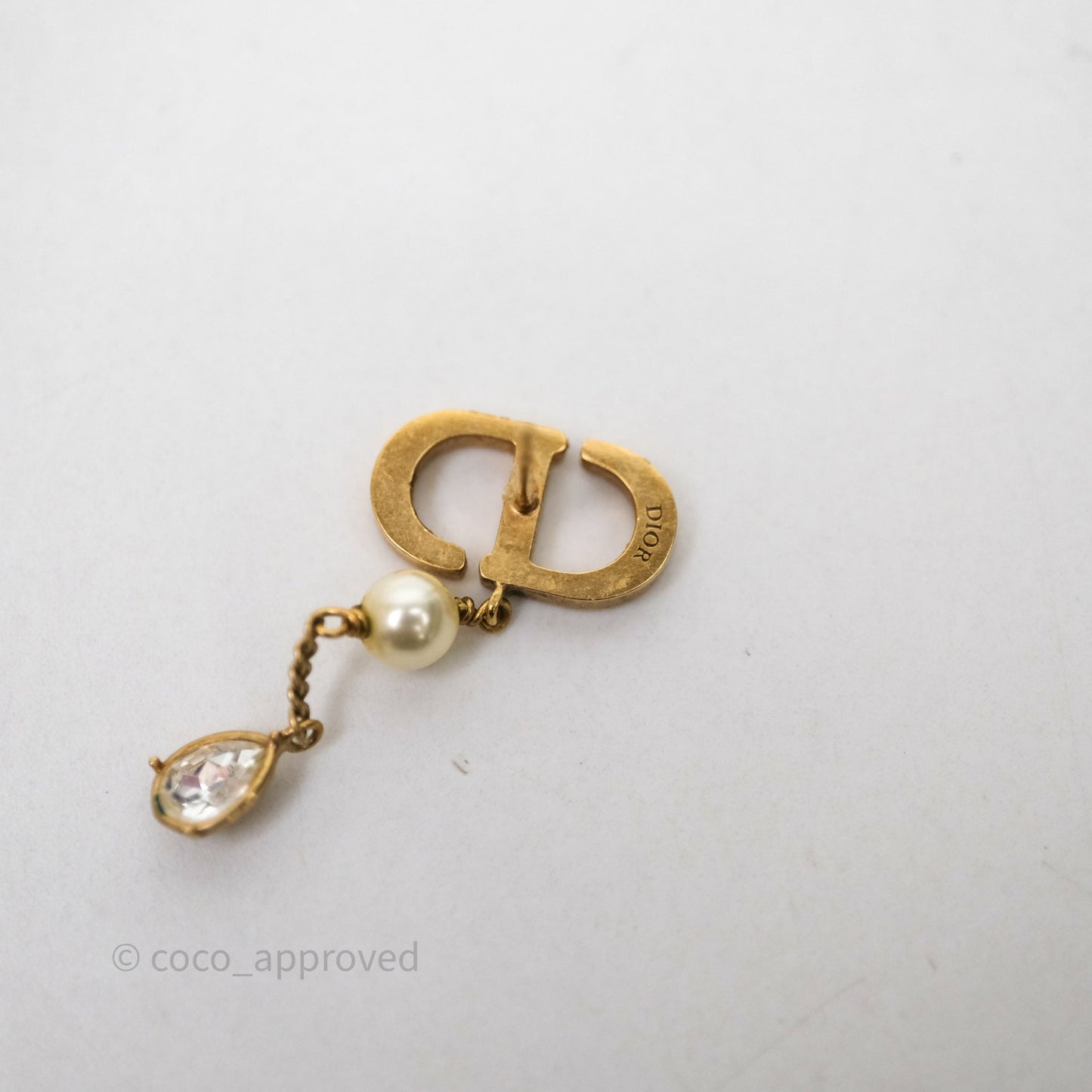 Christian Dior Pearl Crystal CD Drop Earrings Gold Tone