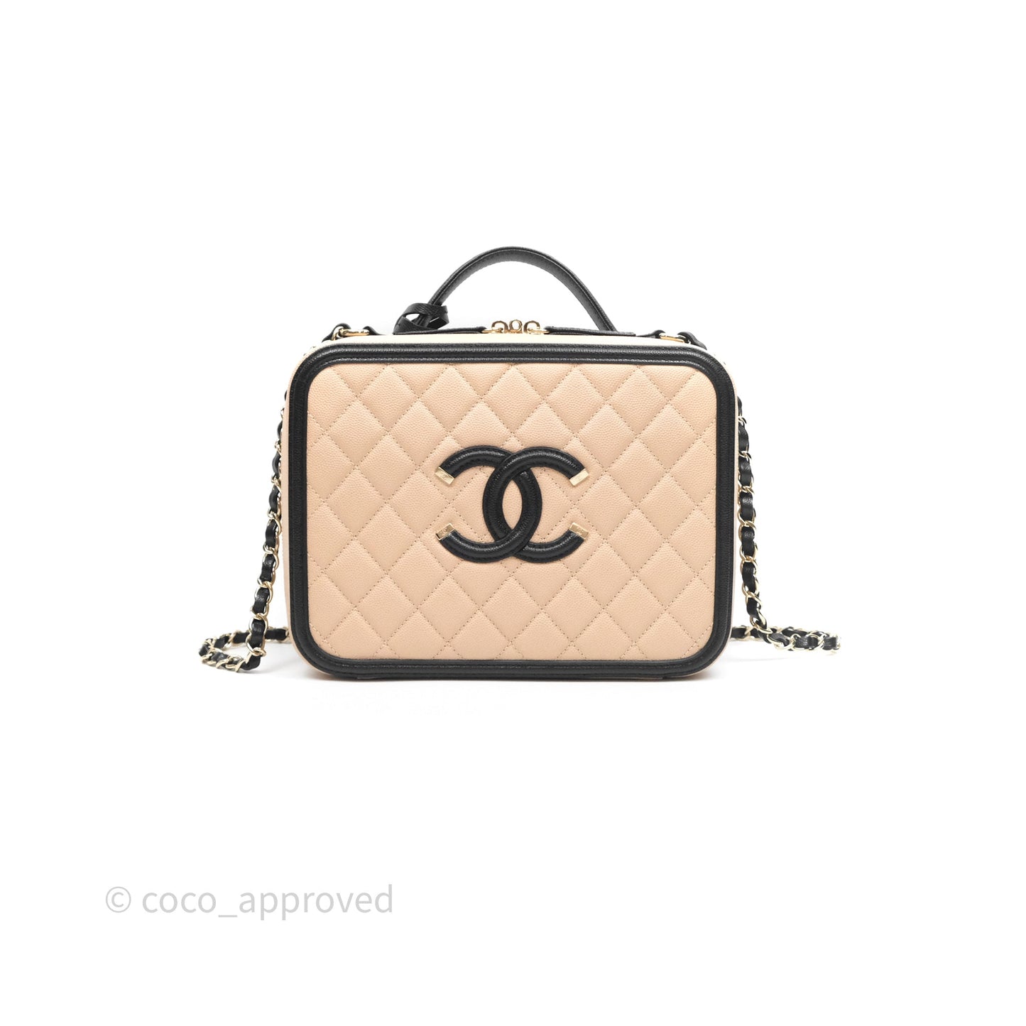 Chanel Quilted Large CC Filigree Vanity Case Beige Black Caviar