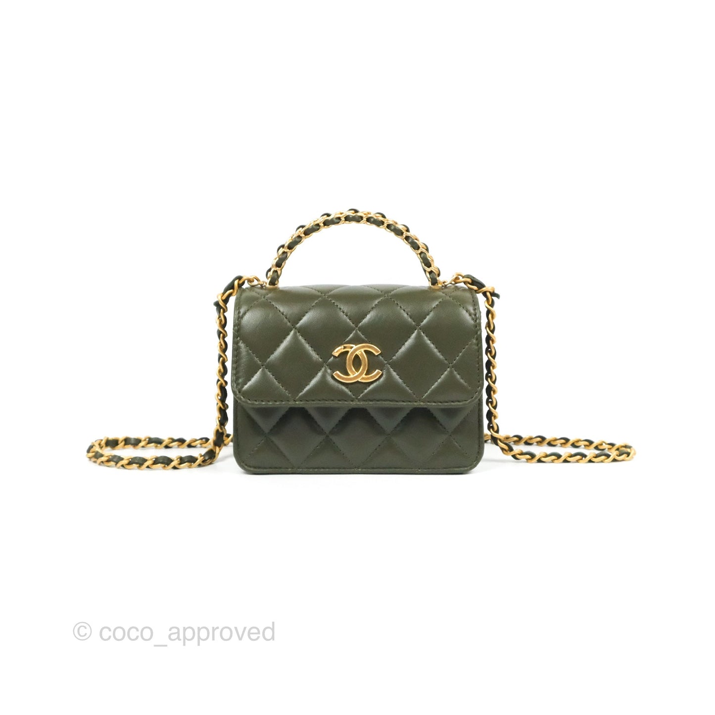 Chanel Top Handle Clutch With Chain Army Green Lambskin Aged Gold Hardware