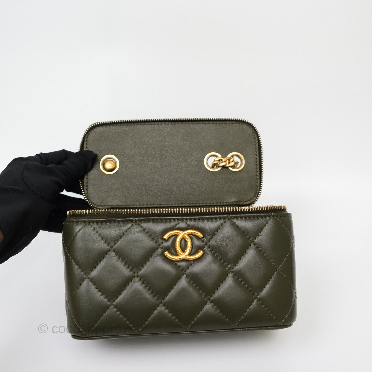 Chanel All Slide Vanity with Adjustable Chain Dark Olive Green Lambskin Aged Gold Hardware