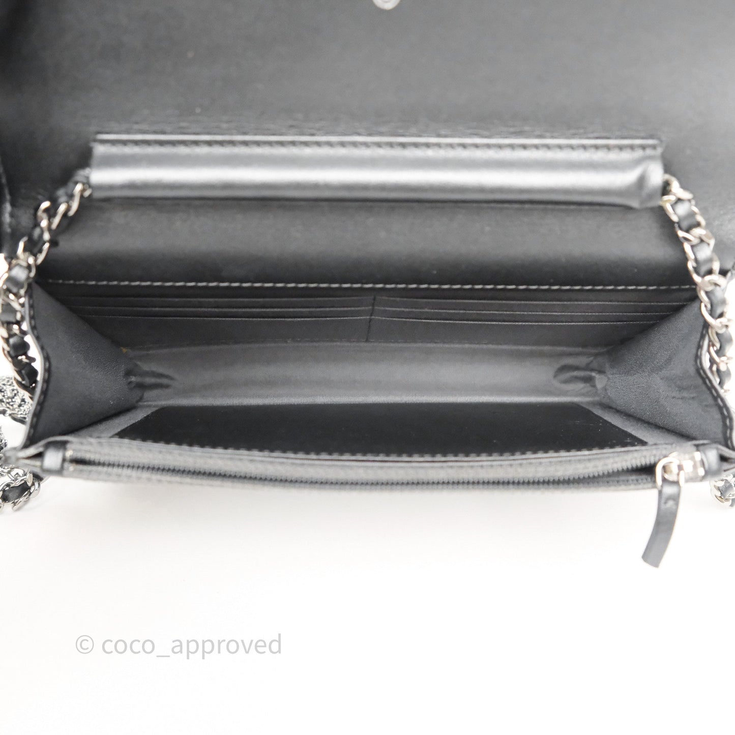 Chanel Tassel Charm Wallet On Chain WOC Iridescent Dark Silver Aged Calfskin