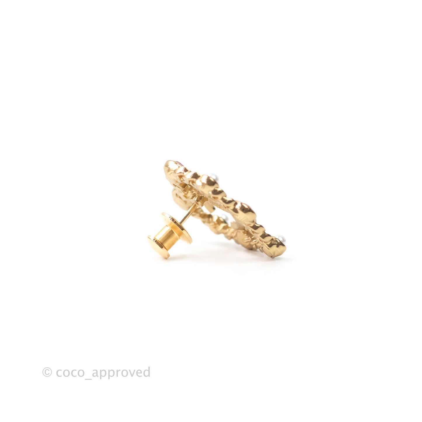 Chanel CC Pearl Rhinestone Heart Pin Brooch Gold Tone 21P