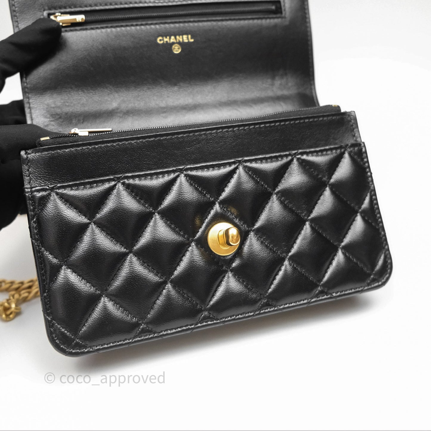 Chanel Heart Adjustable Chain WOC Black Lambskin Aged Gold Hardware 25C