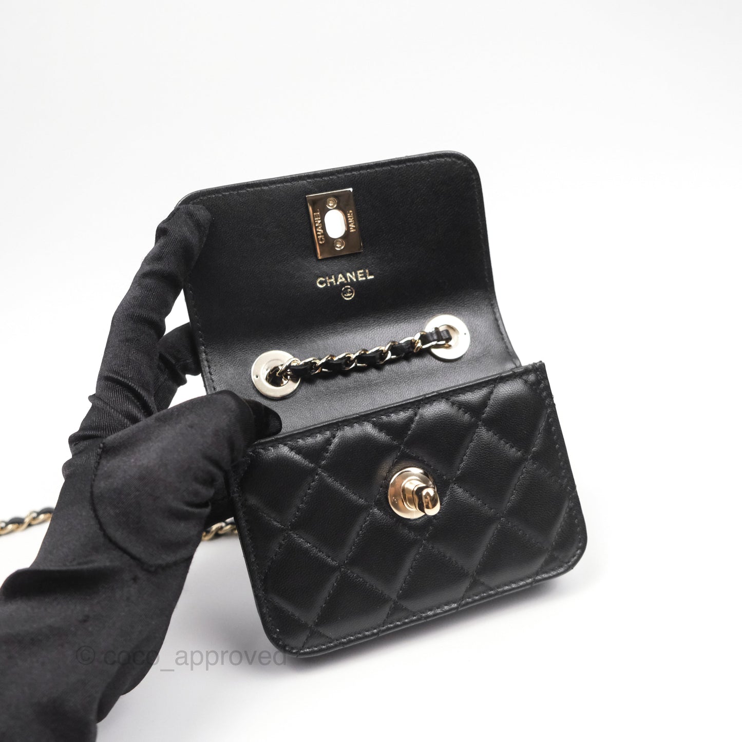 Chanel Mini Quilted Trendy CC Card Holder With Chain Black Lambskin Gold Hardware