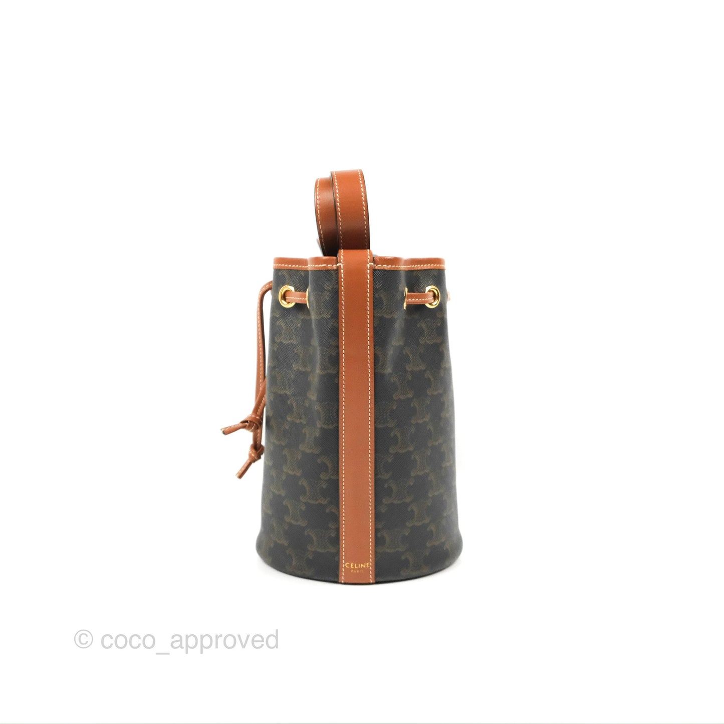 Celine Small Drawstring Bucket Bag Triomphe Canvas Tan Calfskin