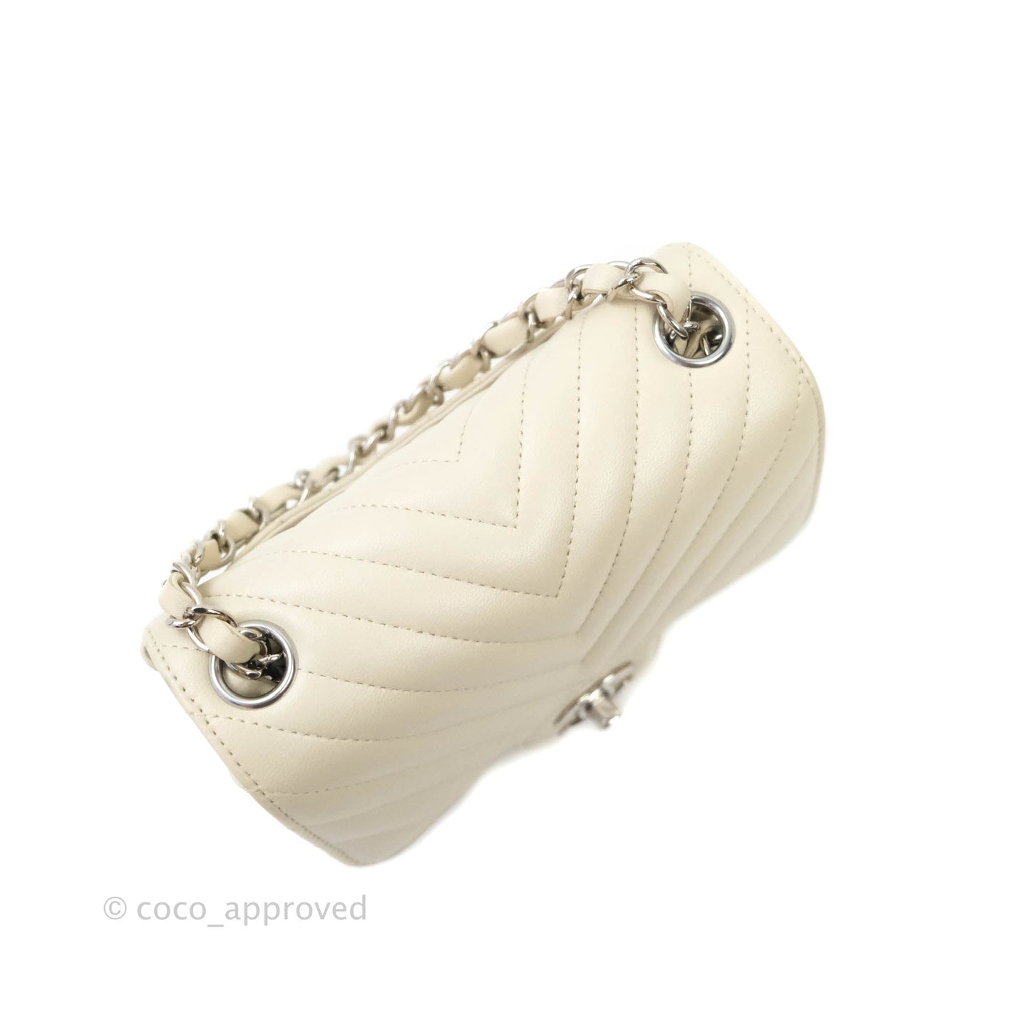 Chanel Mini Square Chevron Ivory Cream Lambskin Silver Hardware