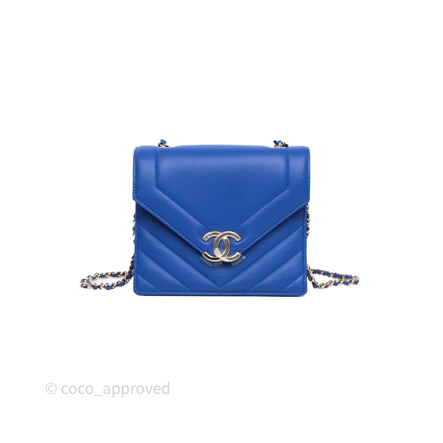 Chanel Chevron Square Envelope Flap Bag Royal Blue Calfskin Gold Hardware 19C
