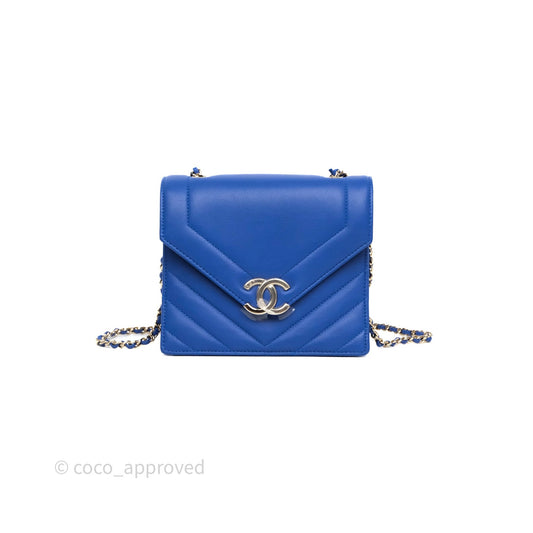 Chanel Chevron Square Envelope Flap Bag Royal Blue Calfskin Gold Hardware 19C