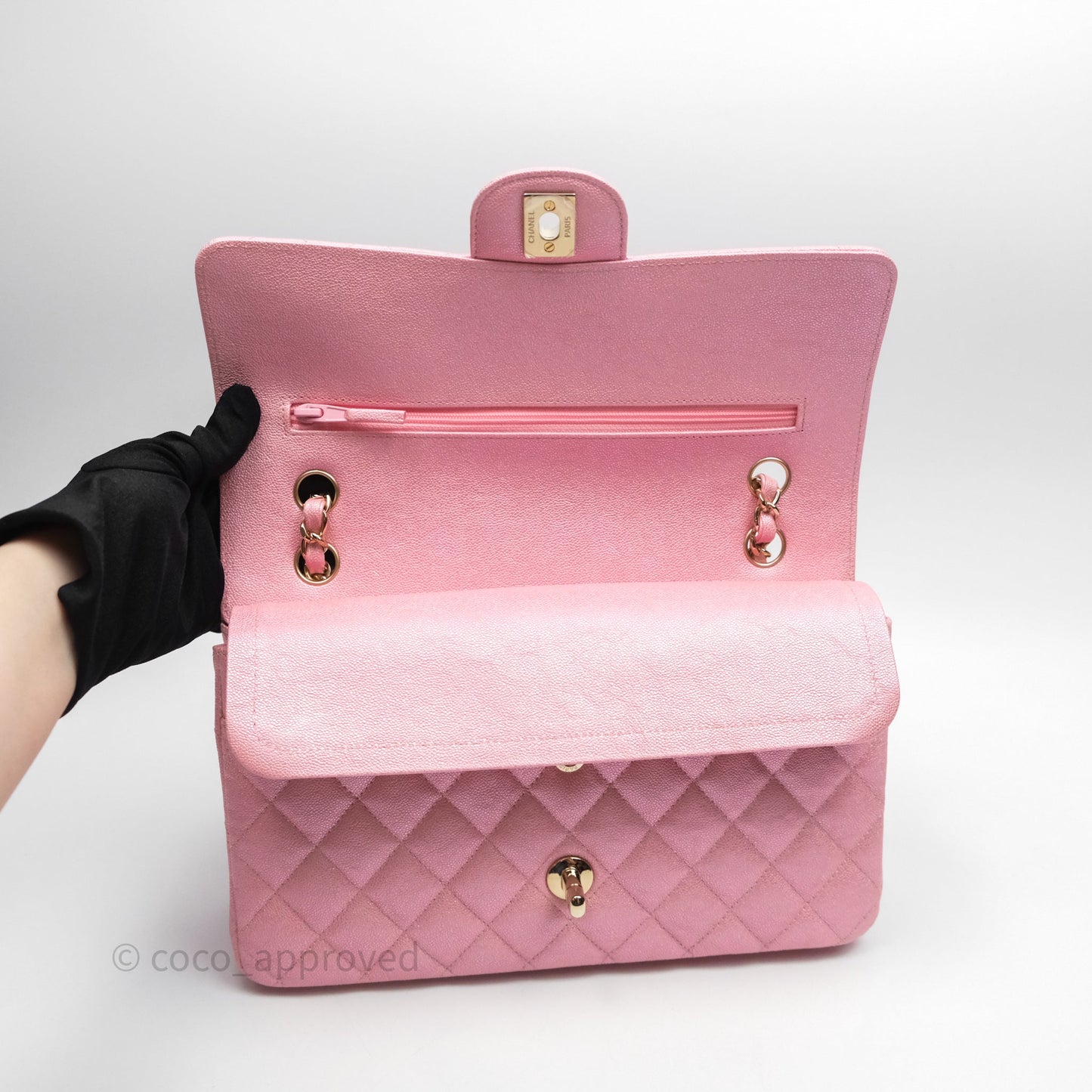 Chanel Quilted Classic M/L Medium Flap Iridescent Pink Caviar Gold Hardware 19S