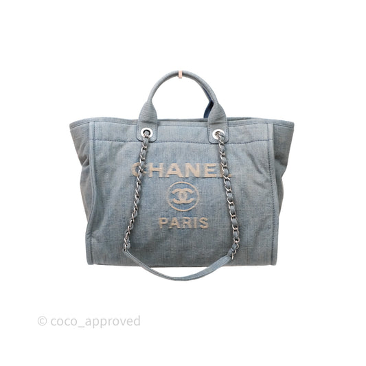 Chanel Large Deauville Tote Blue Washed Denim Matte Silver