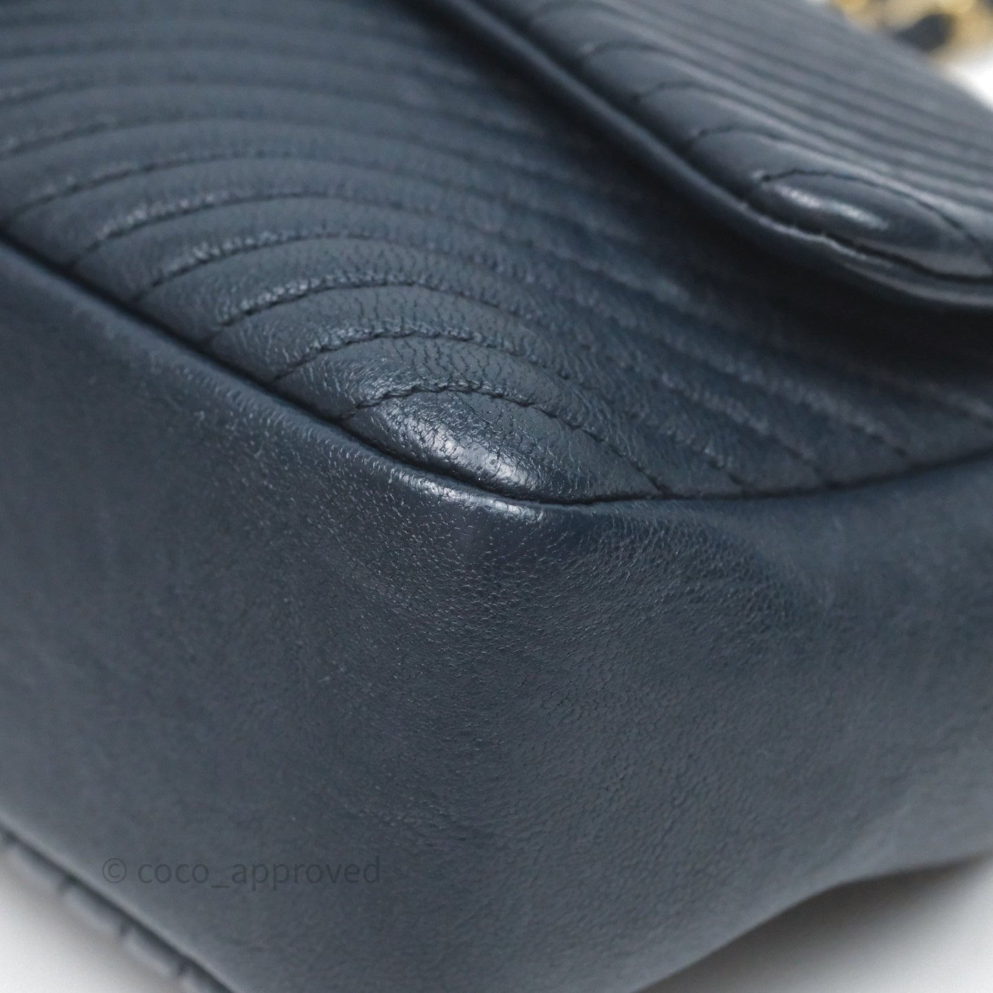 Chanel Medium Chevron Surpique Flap Navy Calfskin Aged Gold Hardware
