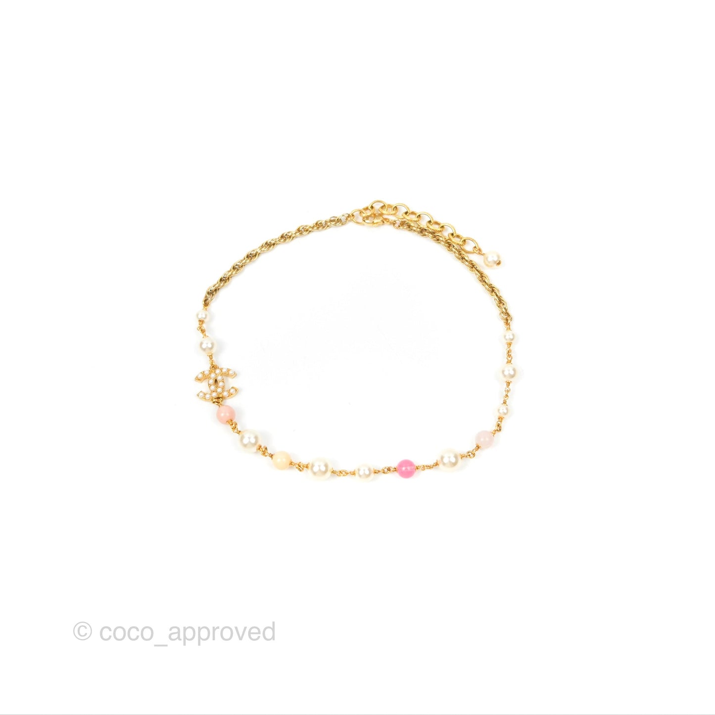 Chanel CC Pearl Pink Bead Necklace Gold Tone 22A