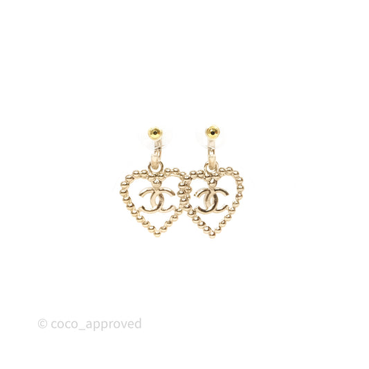 Chanel Crystals Round Heart Drop Earrings Gold Tone 25P