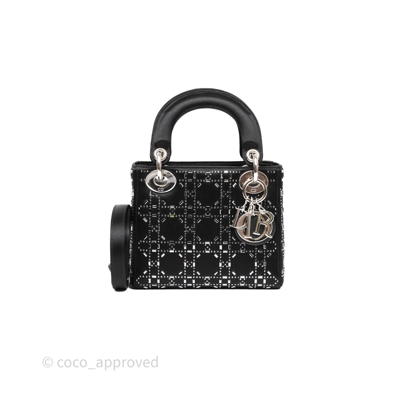 Christian Dior Mini Lady Dior Bag Black Strass Cannage Satin Silver Hardware