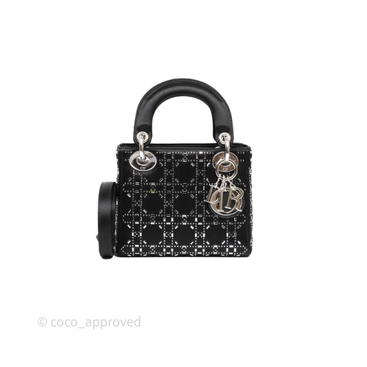 Christian Dior Mini Lady Dior Bag Black Strass Cannage Satin Silver Hardware