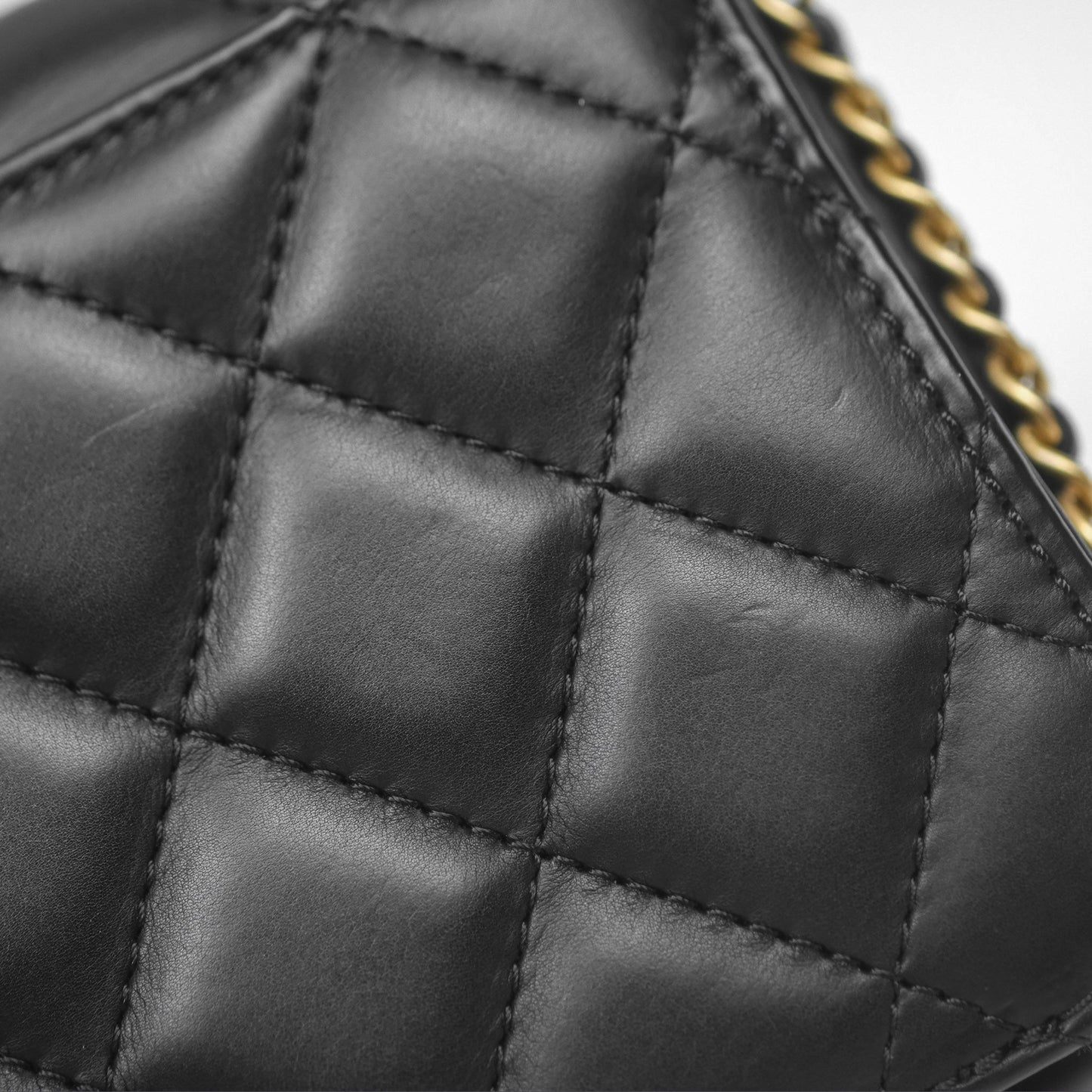 Chanel Quilted Side Chain Flap Bag Black Calfskin Aged Gold Hardware