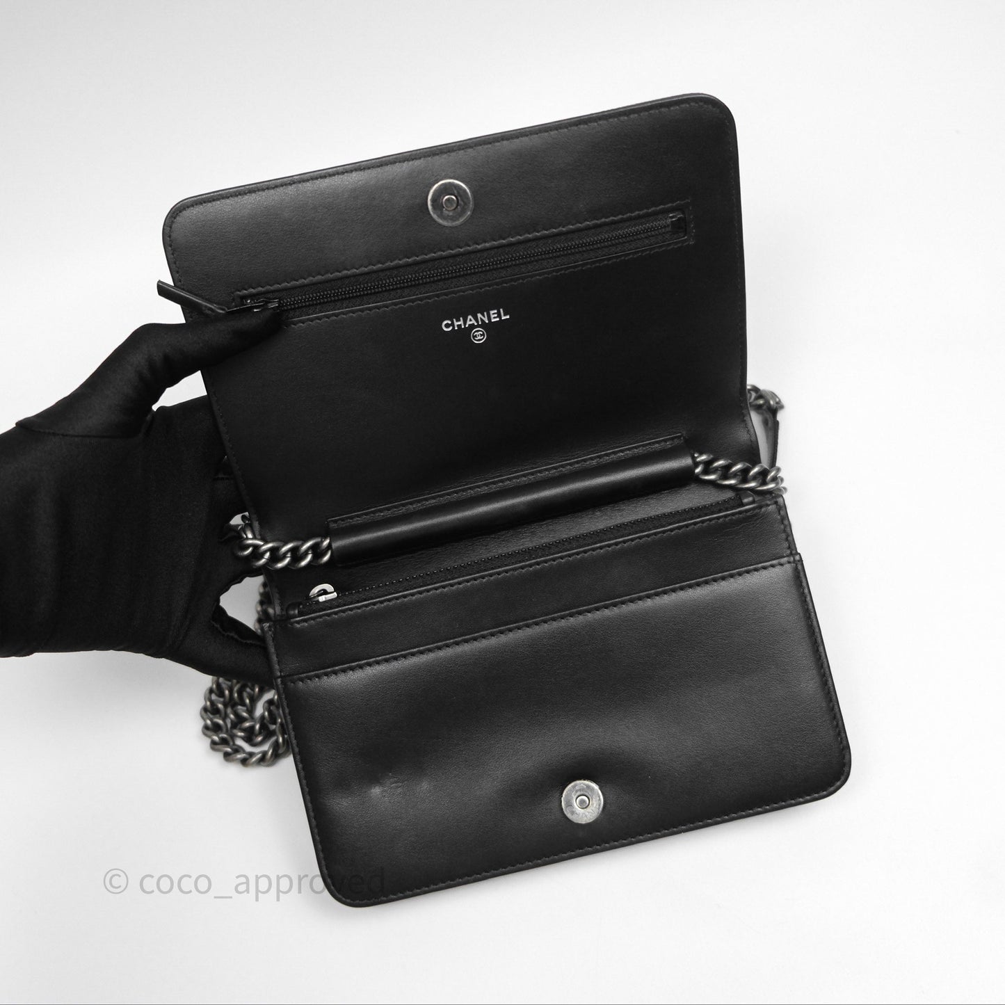 Chanel Quilted Boy Wallet on Chain WOC Black Caviar Ruthenium Hardware