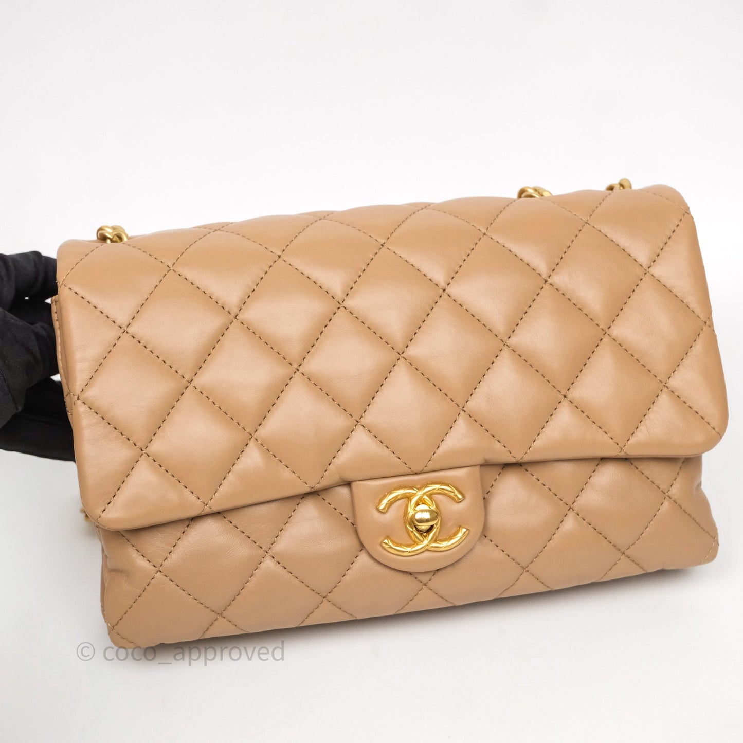 Chanel Medium All Slide Adjustable Chain Flap Bag Beige Lambskin Aged Gold Hardware