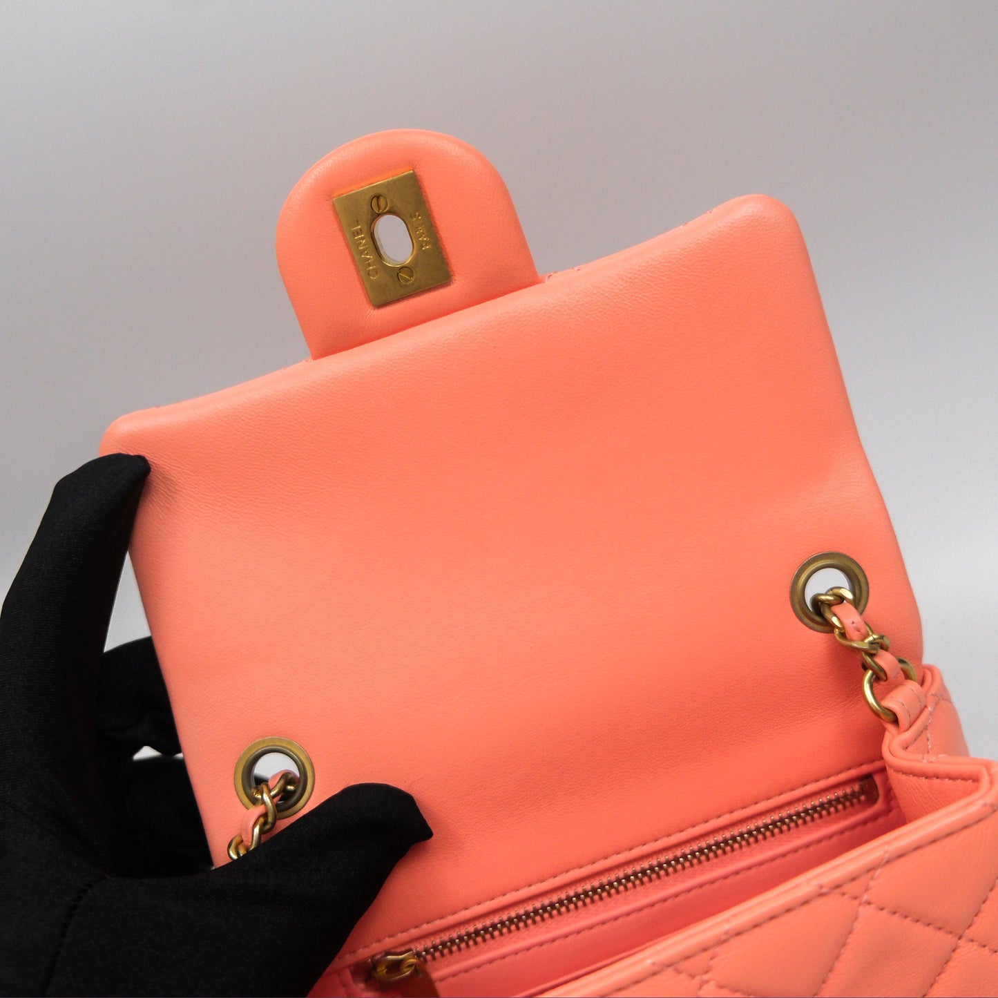 Chanel Pearl Crush Mini Square Quilted Peachy Pink Lambskin Aged Gold Hardware