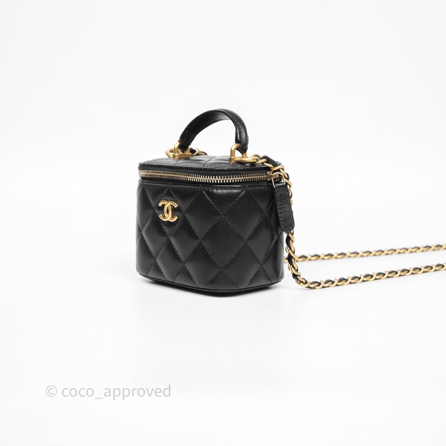 Chanel Mini Top Handle Vanity With Chain Black Lambskin Aged Gold Hardware