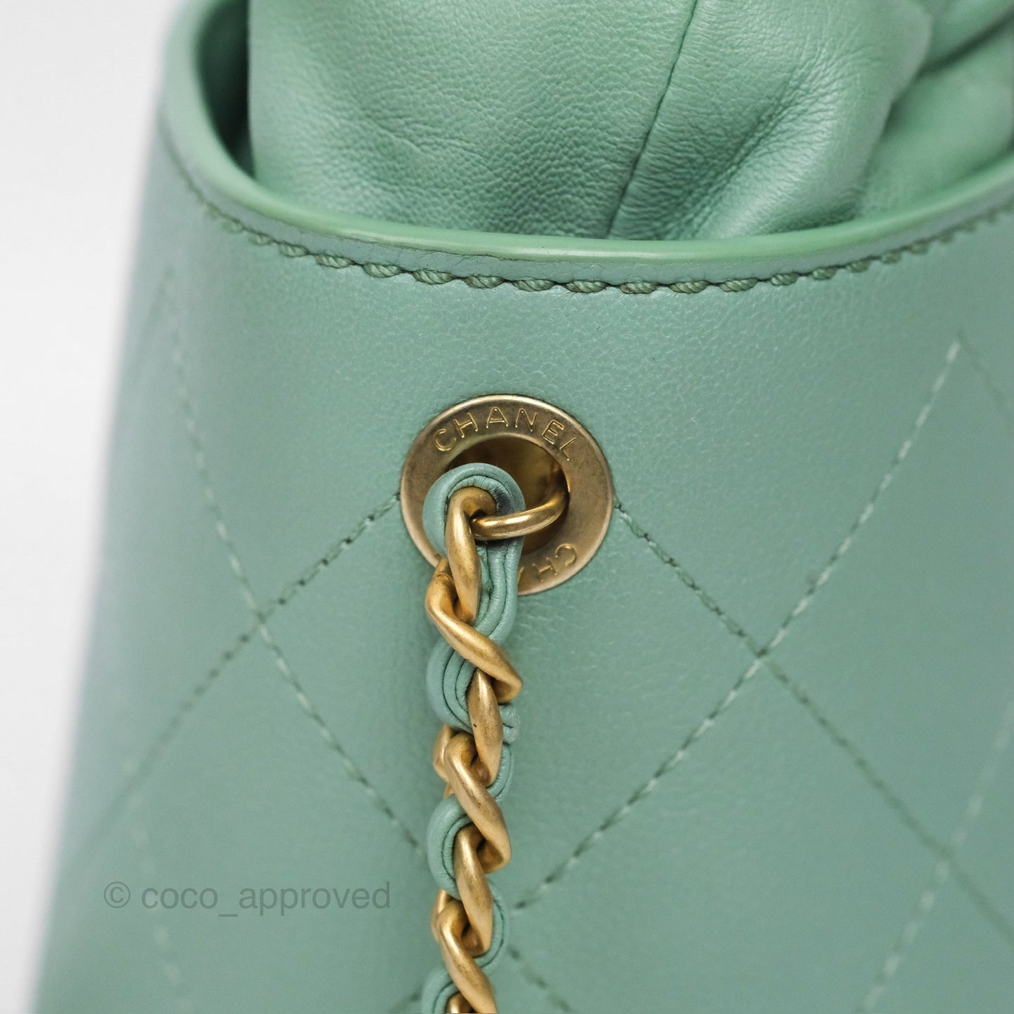 Chanel Drawstring Bucket Bag Quilted Green Caviar Aged Gold Hardware