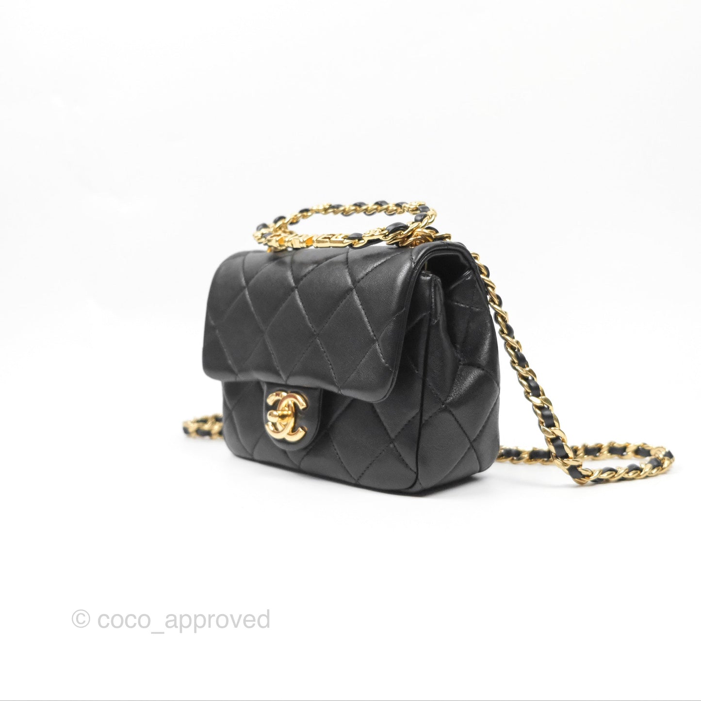 Chanel Mini Top Handle Flap Black Lambskin Aged Gold Hardware 23C