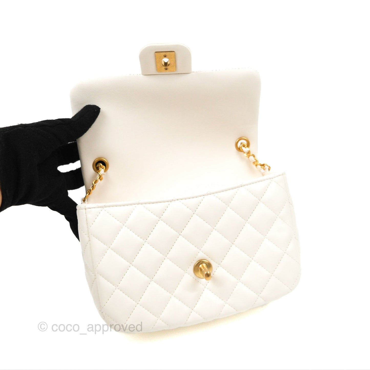 Chanel Mini Flap Bag with Coco Heart Chain White Lambskin Aged Gold Hardware